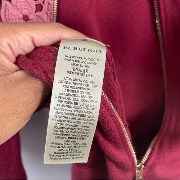 Burberry London Macrame Yoke 3/4 Sleeve Dress Carmine Red Size Large - Picture 10 of 14